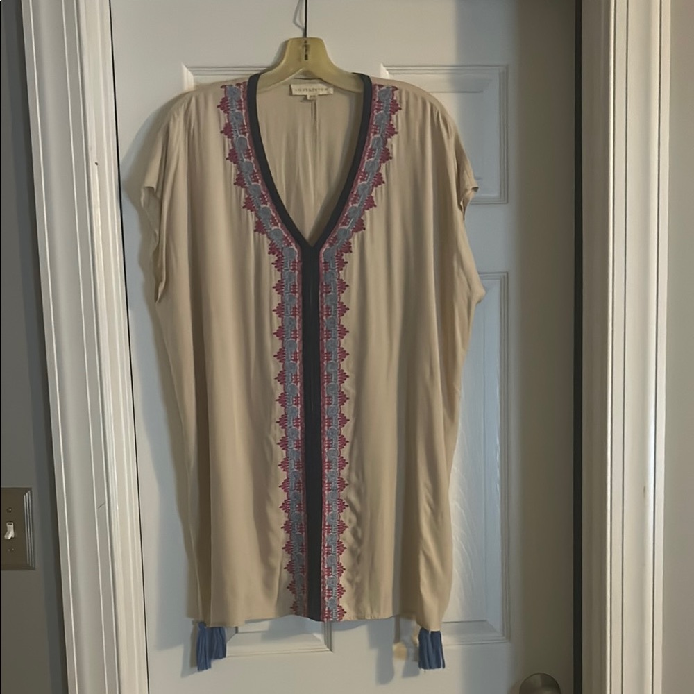 Love Stitch Cream Midi Tunic with Blue and Pink Embroidery